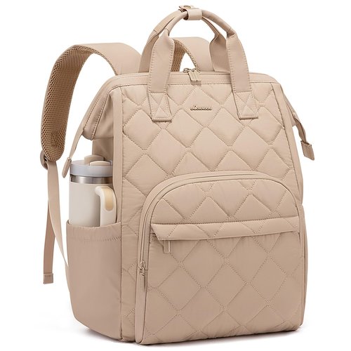 LOVEVOOK Laptop Backpack for Women, Puffer Quilted Computer Bag for Travel Work Business, Casual Daypack for Teacher Nurse,15.6 Inch, Khaki