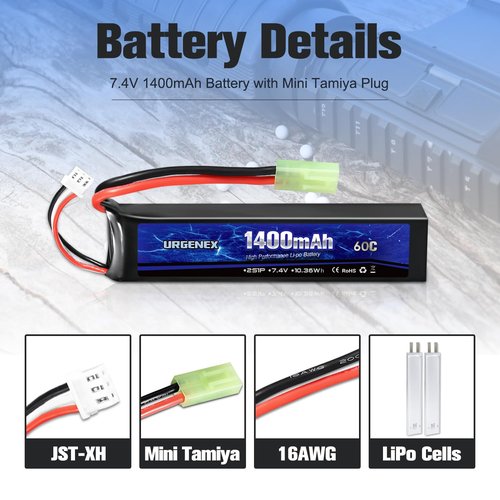 URGENEX Airsoft Battery 7.4V 1400mAh 60C High Discharge Rate Lipo Battery Pack with Mini Tamiya Plug Rechargeable 2S Lipos Fit for Airsoft Model Guns