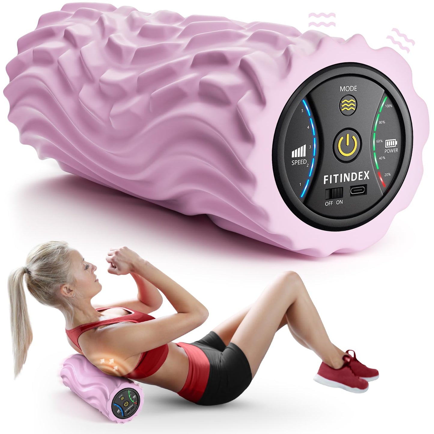 FITINDEX Vibrating Foam Roller for Back Pain, 5-Speed Foam Roller Muscle Massage, Exercise, Yoga, Muscles Deep Tissue, Pilates, Physical Therapy, Recovery, Neck, Leg, Rechargeable, Pink