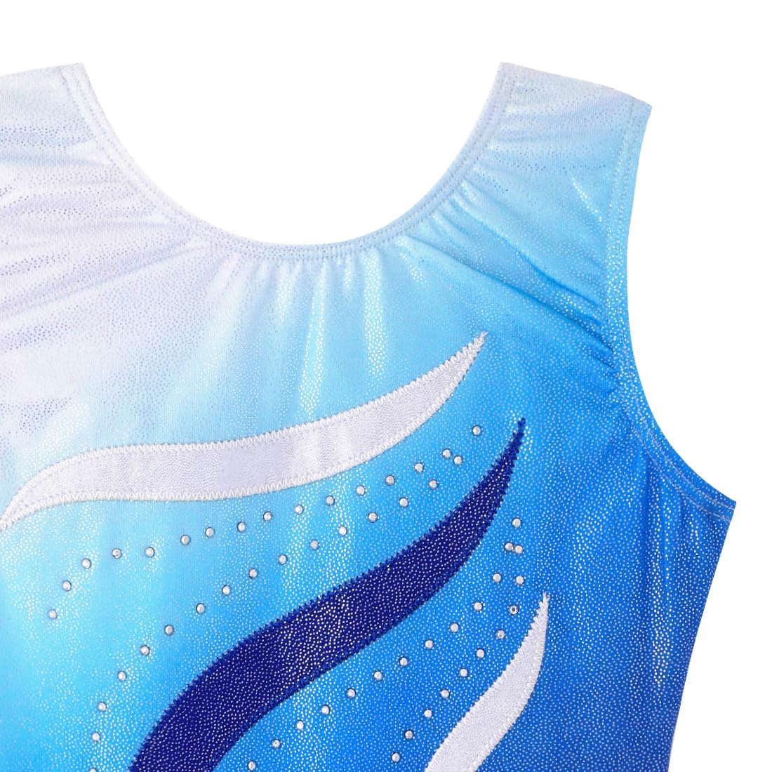 HOZIY Gymnastics Leotards for Girls with Shorts Size 8-9 Years Biketard Blue White Ombre Ribbons Diamond Rhinestones Sparkly