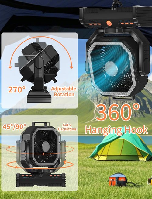 EEIFO 12 Inch Camping Fan,40000mAh Portable Fan with LED Lantern Light,Cool white & Warm White Dimmable Fans, Oscillating Fan with 360° Rotation Hanging Hook for Tents, Cordless USB Desk Fan(Black)