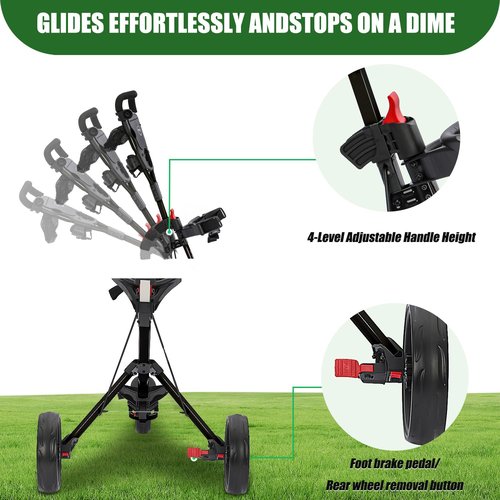 XDriveMax GC27 3 Wheel Golf Push Cart, Golf Trolley Folding Lightweight Bag Pull Cart Caddy Cart for Clubs and Bag with Cup Holder Scorecard Holder/Storage Compartment (Black)