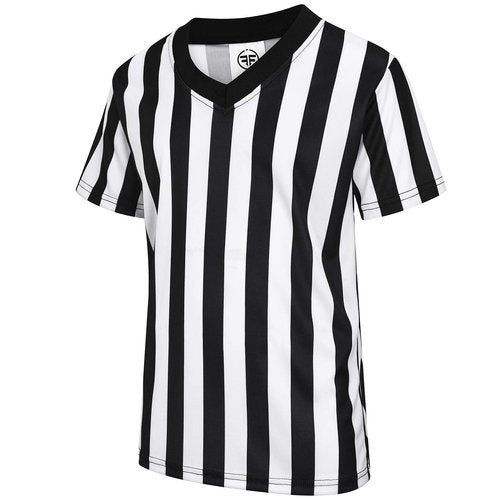 Referee Shirt Black & White Stripe Ref Jersey Kids V-Neck Official Umpire Uniform Basketball, Football, Soccer, Volleyball, Halloween Cosplay Costume for Children Size M