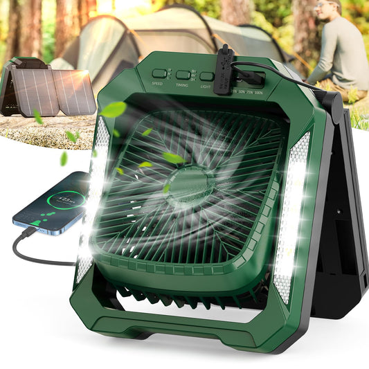 26800mAh Solar Battery Camping Fan, 3 Speeds Portable Fan with 18W Detachable Solar Panel, Rechargeable Desk Fan with LED Light & Timing Function, Outdoor Hurricane Tent Power Bank for Home Office