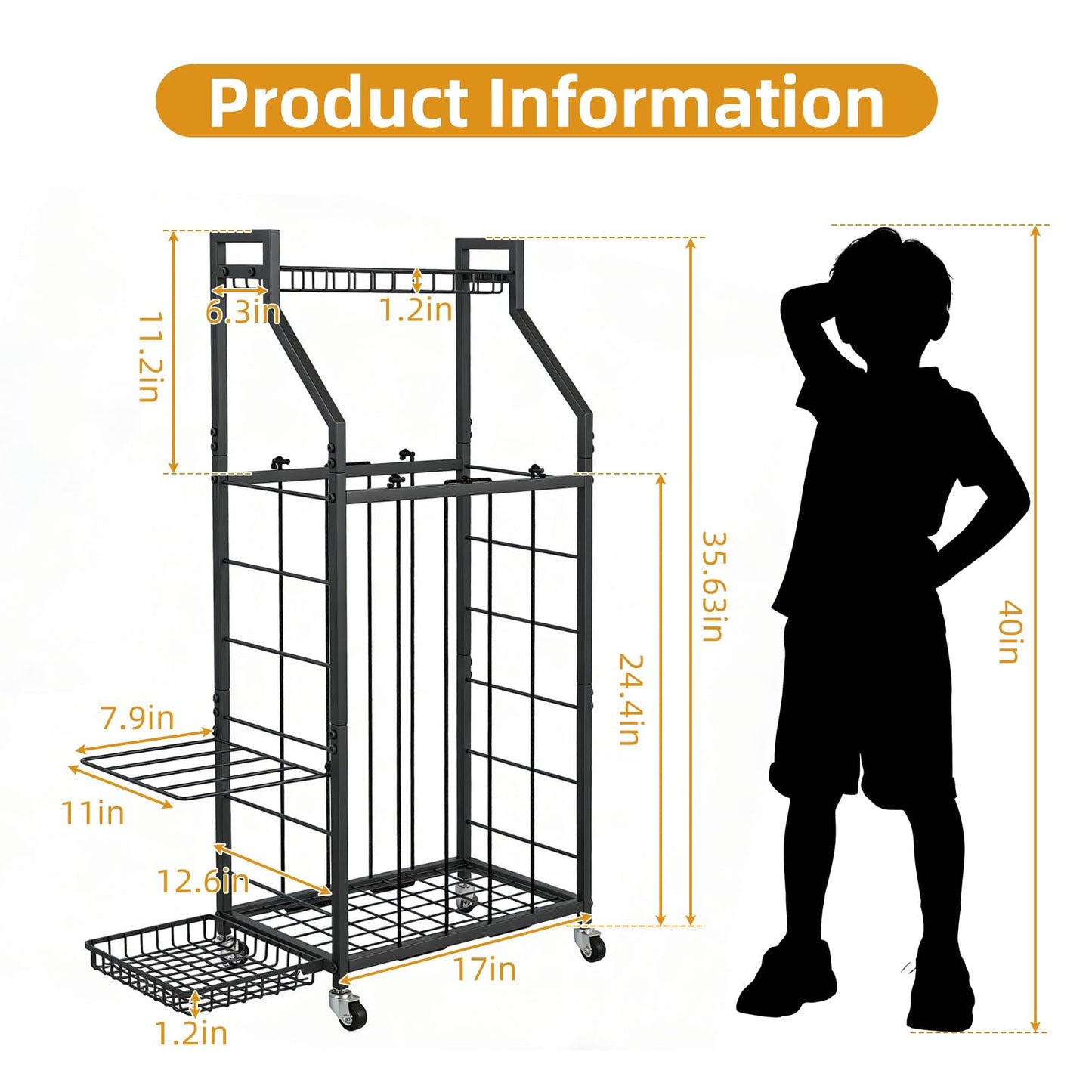 hanmir Ball Storage Rack for Garage, Rolling Sports Ball Organizer with Wheels, Baskets and Hooks, Sports Equipment Storage for Basketball Soccer Football, Garage Organizer (Black)
