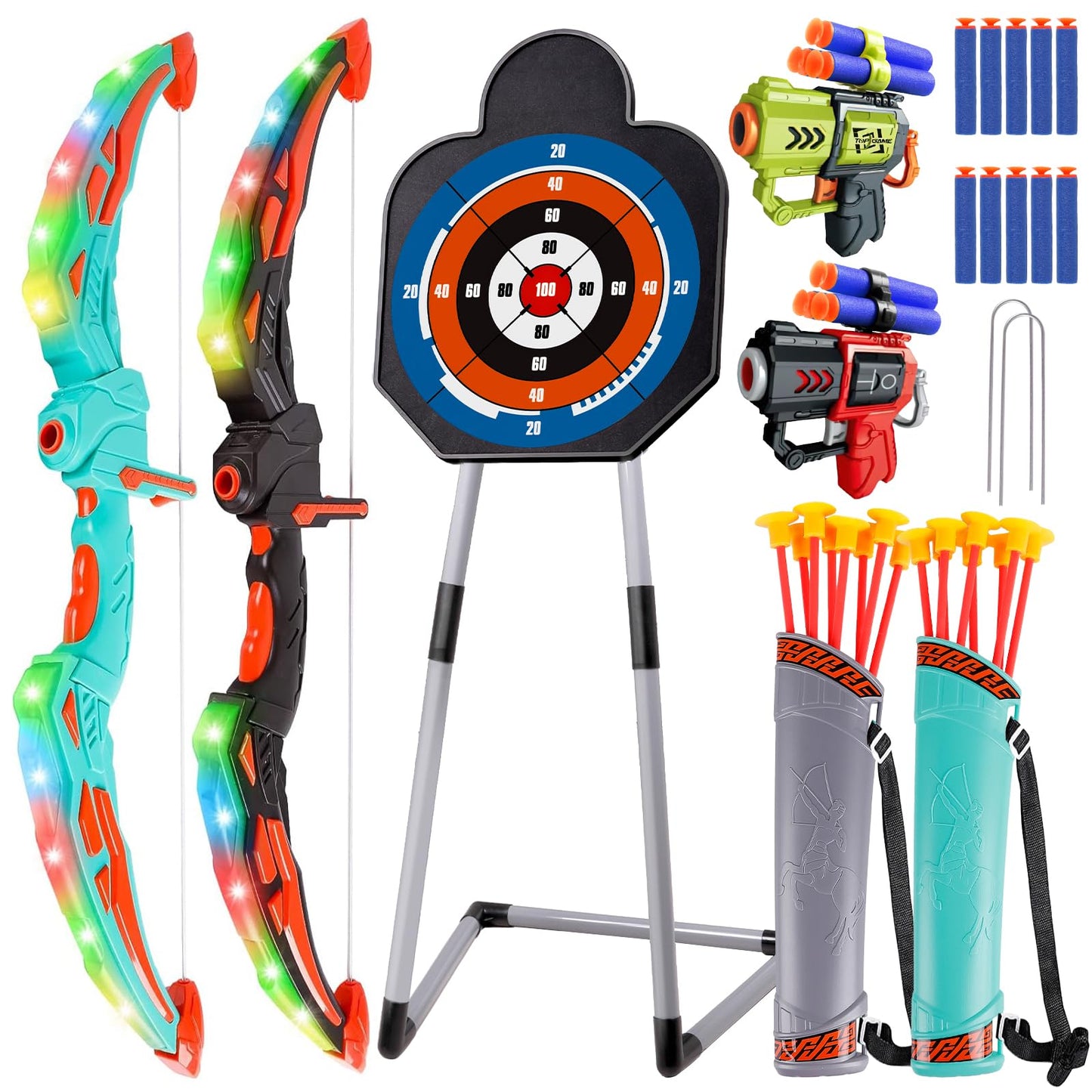 TWFRIC 2 Pack Bow and Arrow for Kids - LED Light Up Archery Set with 16 Arrows, 1 Standing Target & 2 Quivers - Fun Indoor/Outdoor Toy for Boys & Girls Aged 3-12
