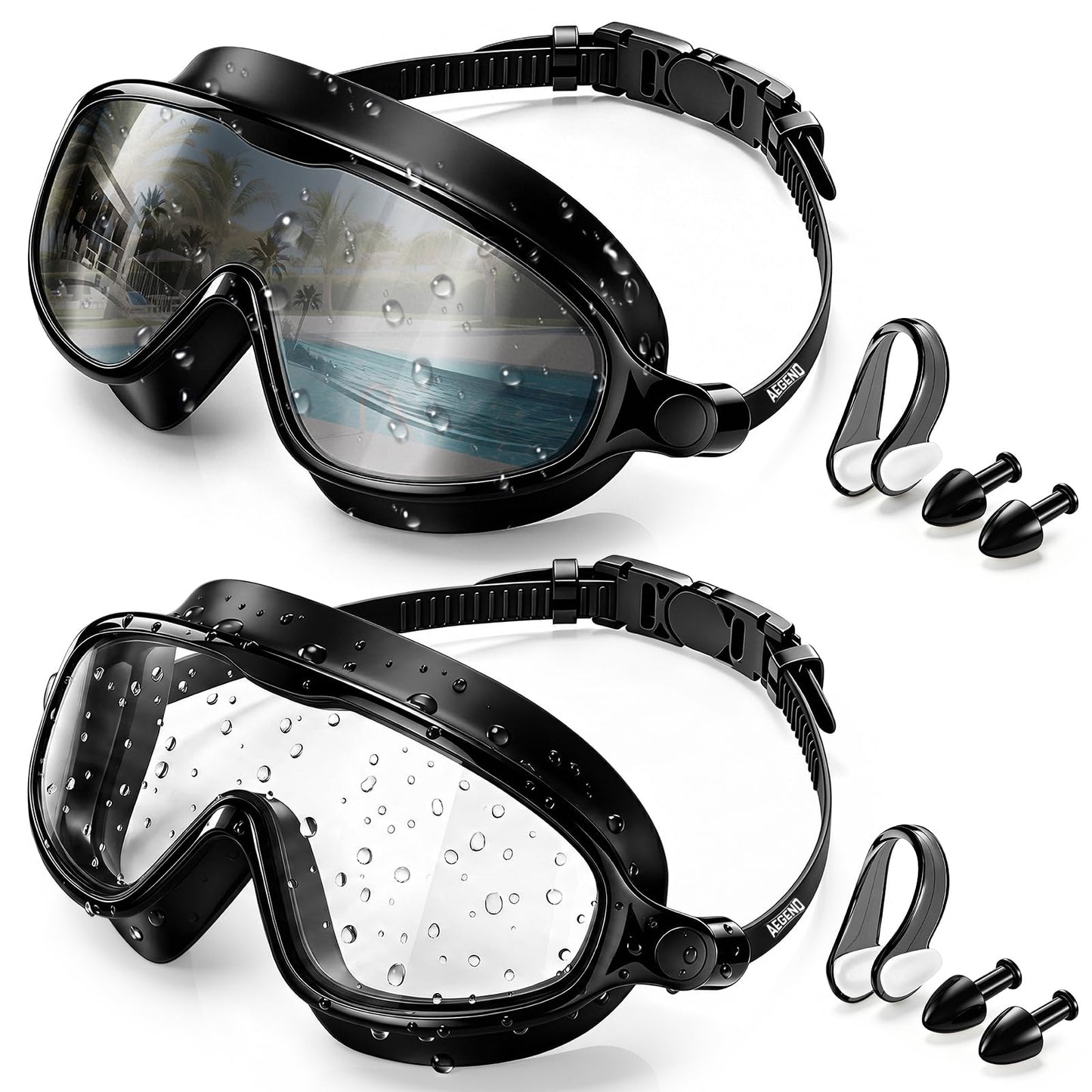 Aegend Swim Goggles for Adult Youth - 2 Pack Wide View Anti-Fog Anti-UV Swimming Goggles for Men & Women (Black & Black Silver)