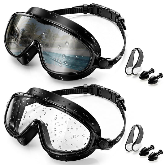 Aegend Swim Goggles for Adult Youth - 2 Pack Wide View Anti-Fog Anti-UV Swimming Goggles for Men & Women (Black & Black Silver)
