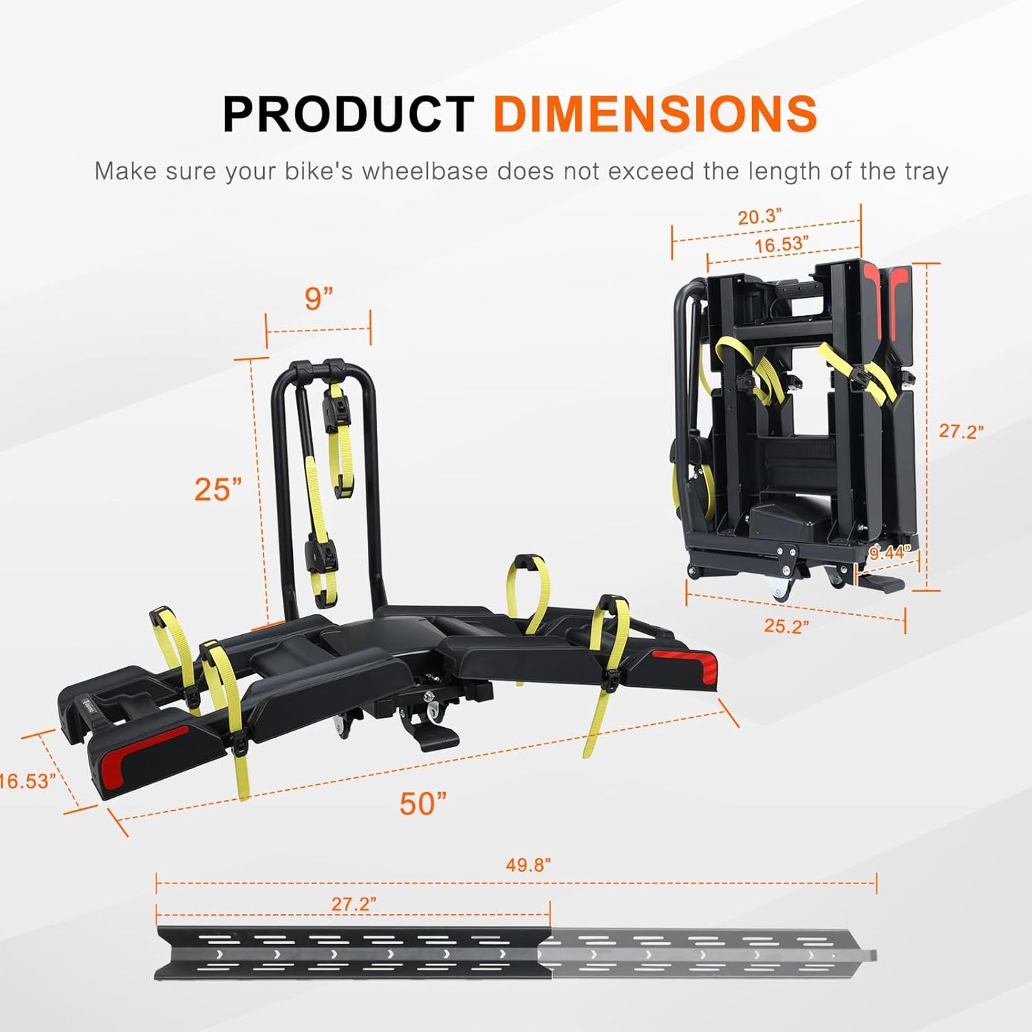 2 E-Bike Foldable Hitch Mount Bike Rack with Light for 2" Receiver SUV & Trucks, Up to 4'' Fat Tire, Lockable Hitch Racks for E-Bike with Ramp and Wheels, 180 LBS Capacity