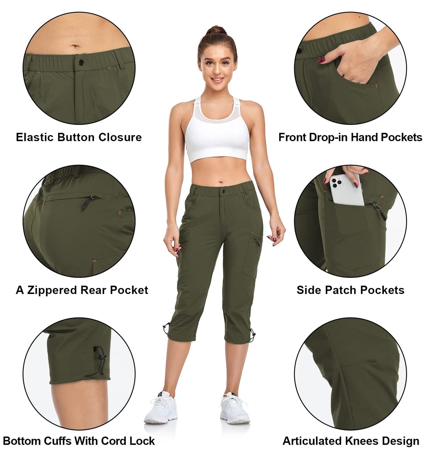 GYMBRAVE Women's Hiking Cargo Pants Quick Dry Outdoor Camping Capris Water Resistant UPF 50 with Zipper Pockets Armygreen
