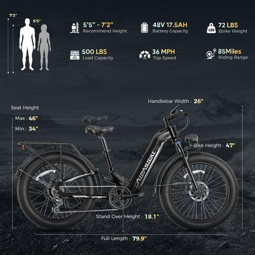 Aipas M1 Pro Electric Bike, 1800W Peak Motor Electric Bike for Adults, 48V 17.5Ah, 26'' x 4.0'' Fat Tire Electric Mountain Bike, Ebike with 85 Miles, 36MPH, 7 Speed 110Nm and Dual Suspension