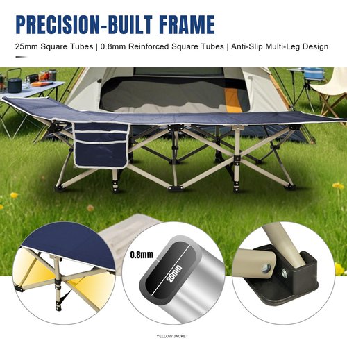 YELLOW JACKET Camping Cot with Mattress for Adults, Folding Sleeping Cot 600lbs Max Load, Portable Camping Cot with Carry Bag, 28" Wide Cot for Camping, Home,Office,Travel (Blue)