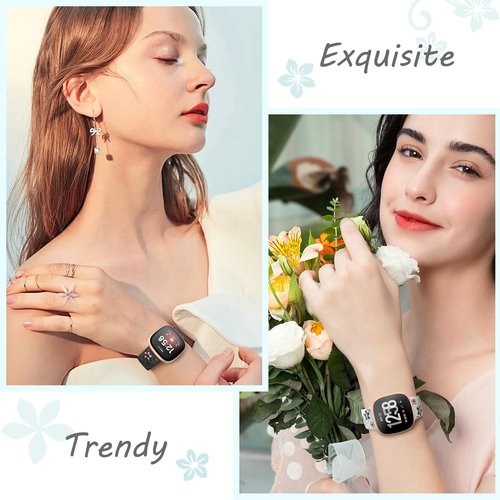 OHOTLOVE Floral Engraved Bands Compatible for Fitbit Sense Bands/Fitbit Versa 3 Bands Women/Fitbit Versa 4 Bands/Sense 2 Bands,Soft Cute Two-Tone Flower Sport Watch Strap Replacement Wristbands.A