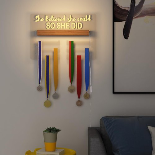 Ammonite She Believed she Could SO SHE DID Light up Medal Hanger Display, Holder Rack for Awards or Ribbons, Sports Themed Ribbon Holder for Wall