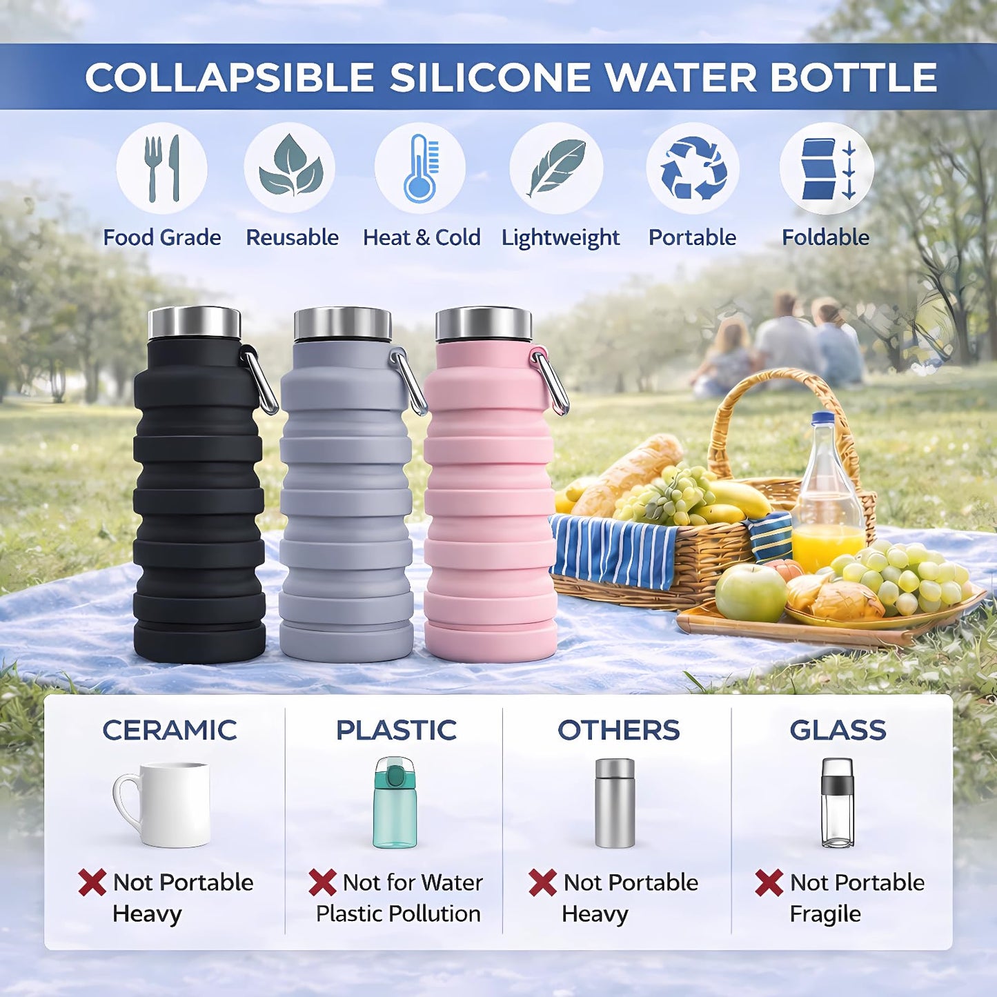 Collapsible Water Bottles,16oz Capacity Portable Reusable Silicone Water Bottle,Leak-proof,with buckle,foldable storage,Lightweight Durable for Fitness,Cycling,Sports,Camping,Hiking，Deep Black