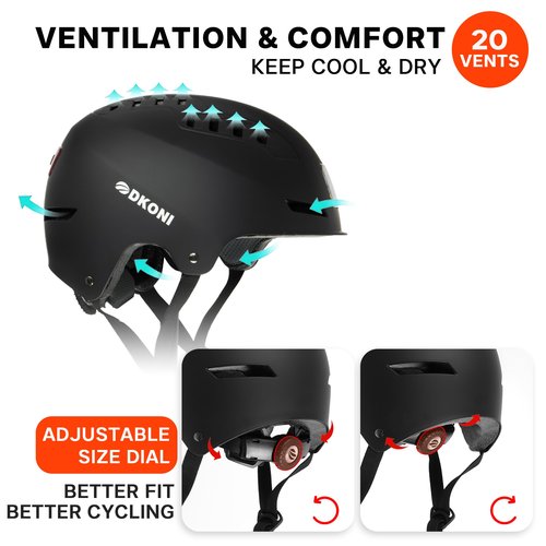 DKONI Bike Helmet with LED Lights Bicycle Helmets Commuter Cycling Helmet USB Rechargeable Front & Back LED Light Helmet for Adult Men Women (Large, Black)
