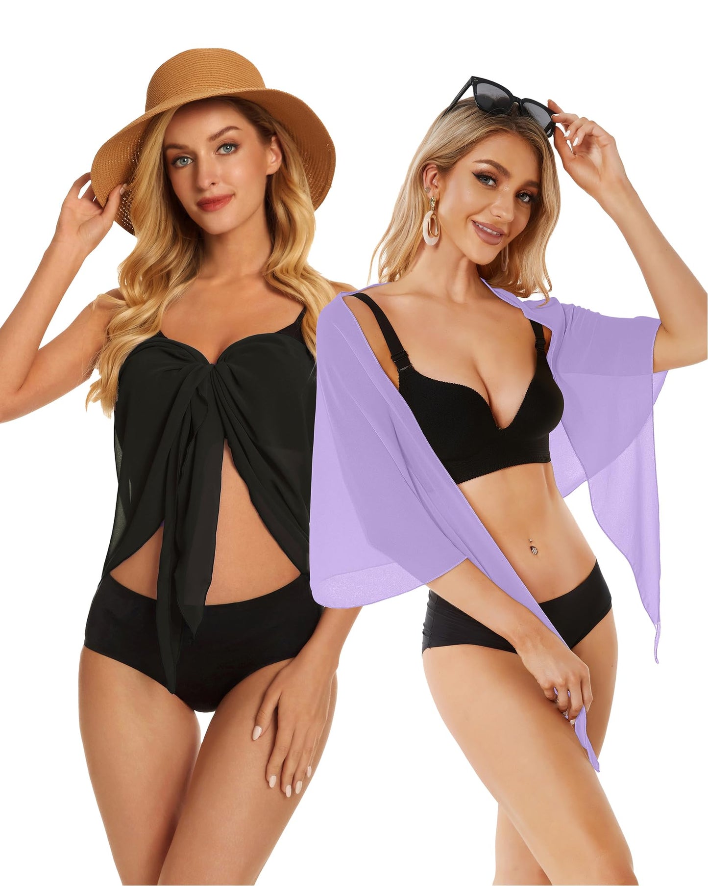 2 Pieces Sarong Cover Ups for Women Beach Bathing Suit Wrap Sheer Short Skirt Bikini Chiffon Scarf for Swimwear (Black and Light Purple)