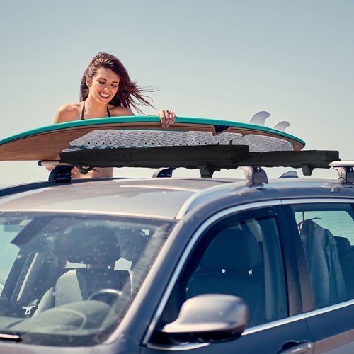 Datanly Universal Soft Roof Rack Pads Kayak Carrier Surfboard Windsurfing Car Racks for Snowboard Canoe with 2 Pcs 15ft Tie Down Straps 2 Pcs 15ft Tie Down Rope 2 Quick Loop Strap 1 Storage Bag, Black