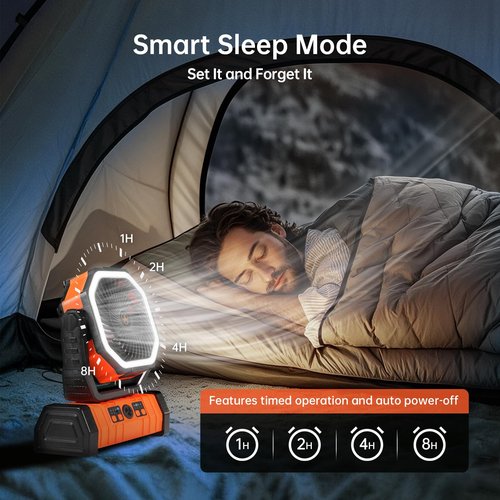 YOGIN Rechargeable Battery Powered Fan, 20000mAh Portable Camping Fan with 360° Adjustable Head, 4 Speeds & LED Light, Quiet Outdoor Fan for Tent, Desk, Travel, Home Use