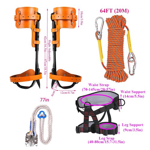 Rohseson Tree Climbing Spikes, Cowhide Leather Tree Climbing Gear with Non-Slip Pedal, Adjustable Tree Climbing Tool Set with Harness Rope for Climbing, Hunting, Picking Fruit, Pet Saving