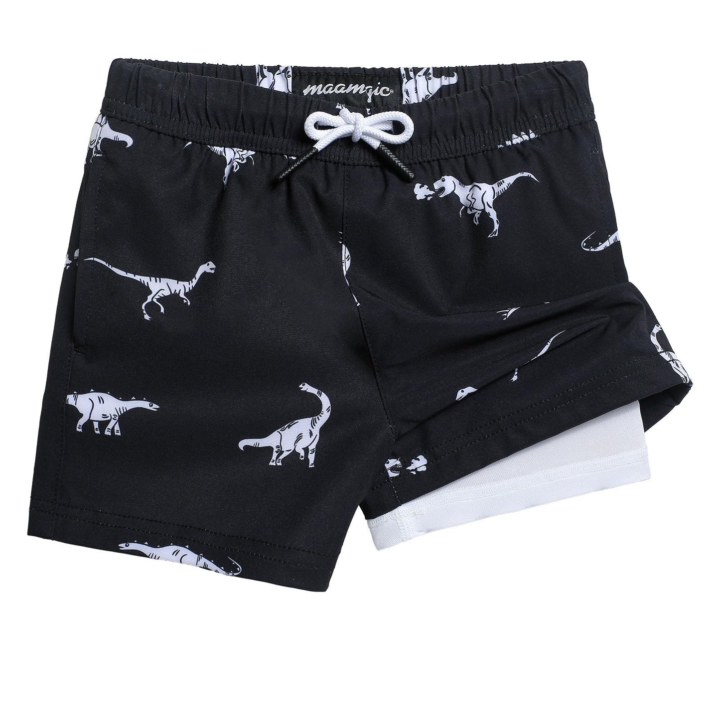 maamgic Boys Swim Trunks with Compression Liner 4-Way Stretch Quick Dry Swim Shorts Swimming Trunks Toddler Boy Dinosaur Black 7 Years