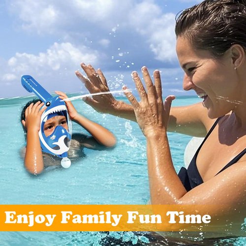 Snorkeling Gear for Kids with Water Blaster, Full Face Snorkel Mask Kids Check Valve Safe Breathing, 180 Degree Panoramic View Child Snorkel Mask, Children Snorkel Set for Ages 6-14 (Blue)