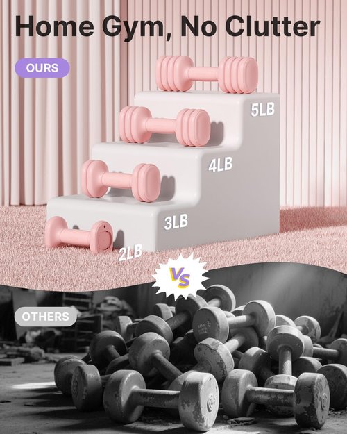 YOTTOY Adjustable Dumbbell Set of 2, 4-in-1 Hand Weights for Women at Home, Compact Free Weights Dumbbells Set with Soft Grip and Base, 2-5 lbs Each for Home Gym (Pink)