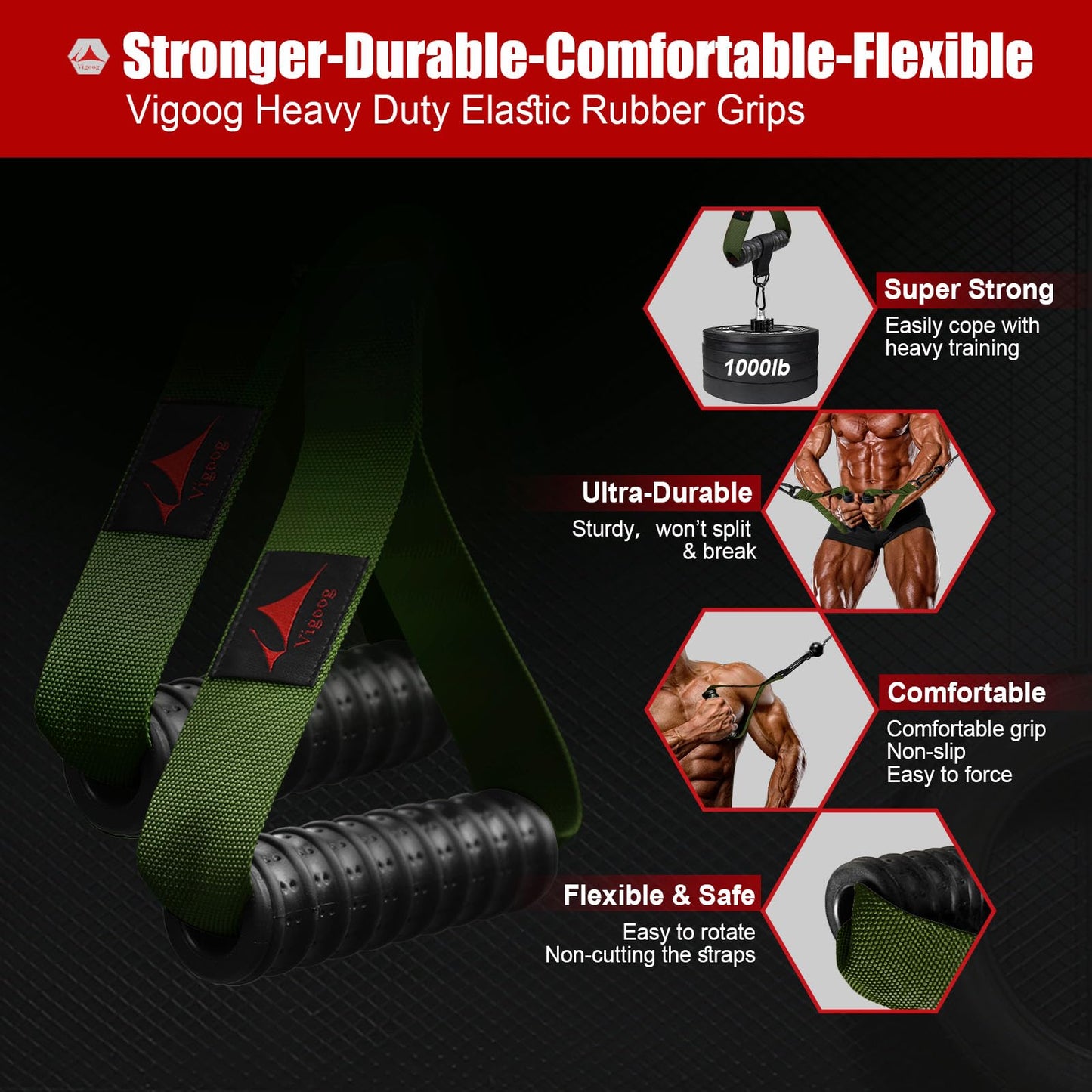 Vigoog Heavy Duty Gym Workout Handle Attachments - Powerful, Comfortable & Anti-Slip Rubber Exercise Grips for Cable Machines, Pulley Systems and Other Fitness Equipments