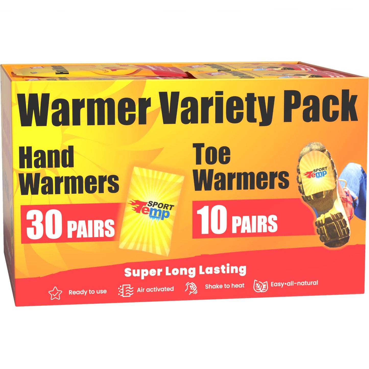 Hand & Toe Warmers - Variety Pack, 30 Pairs Hand Warmers, 10 Pairs Toe Warmers With Adhesive - Safe, Easy, All Natural - Air Activated, Body, Hands & Toes -Odorless Hot Hand & Toe Warmer - Sport Temp