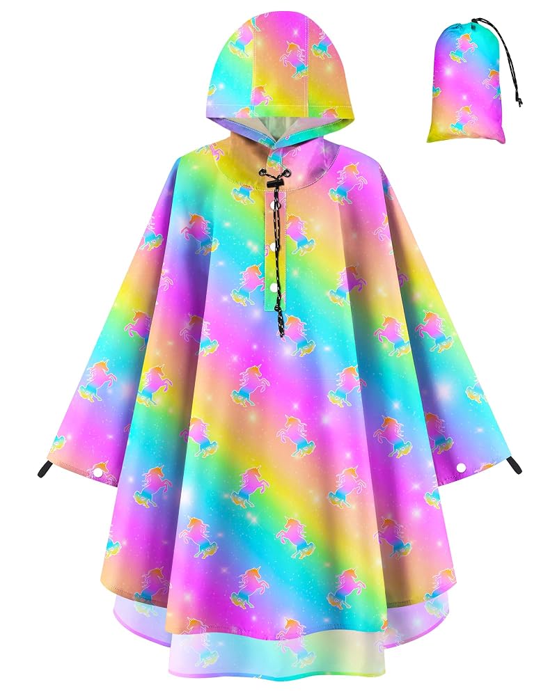 Rainbow Mermaid 3-5T Kids Rain Poncho with Hood - Reusable Waterproof Lightweight