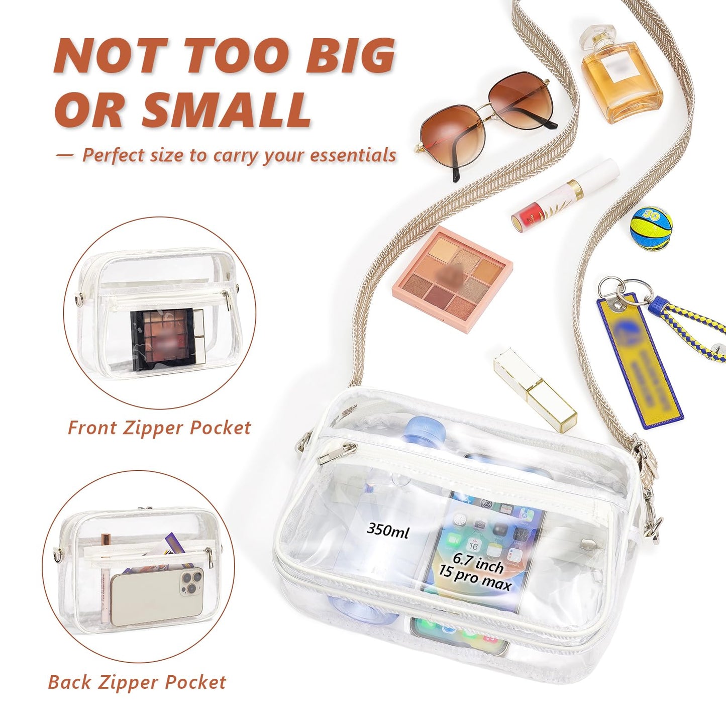 QOECI Clear Bag for Stadium Events, White Clear Bags for Stadium Approved, Transparent Purses for Women With 2 Extra-Long Detachable Straps For Concerts Sports