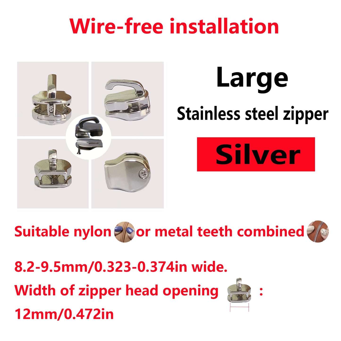 Stainless Steel Replacement Zipper Slider-1 Piece,Silver-Large Suitable for Clothing,suitcases,Handbags,Shoes,Tents,Backpacks Zipper Replacement and Repair kit