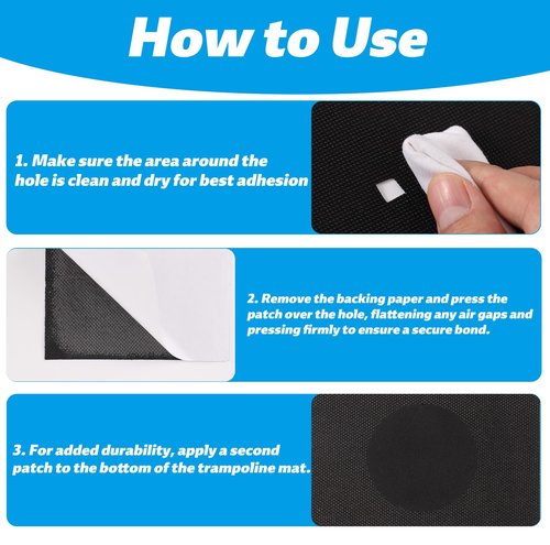 6pcs Self-Adhesive Trampoline Patch Repair Accessories Kit, Include 3 Size Rubber Trampoline Net Tape and 1pcs Scraper for Repairing Tears or Holes in Mats
