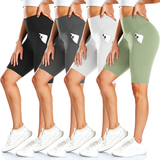 FULLSOFT 4 Pack Biker Shorts for Women – 8" High Waist Tummy Control Workout Yoga Running Compression Exercise Shorts with Pockets(4 Pack Black/Grey/Light Green/White,Large-X-Large)
