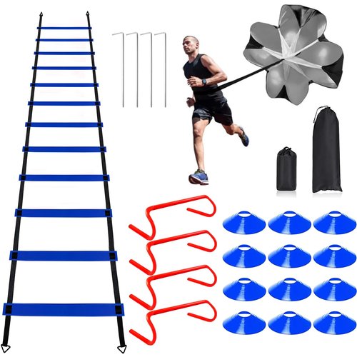 YEXEXINM Professional Agility Ladder Speed Training Equipment Set-20ft Agility Ladder,12 Soccer Cones, 4 Agility Hurdles, Running Parachute, Suitable for Soccer Football Basketball Training