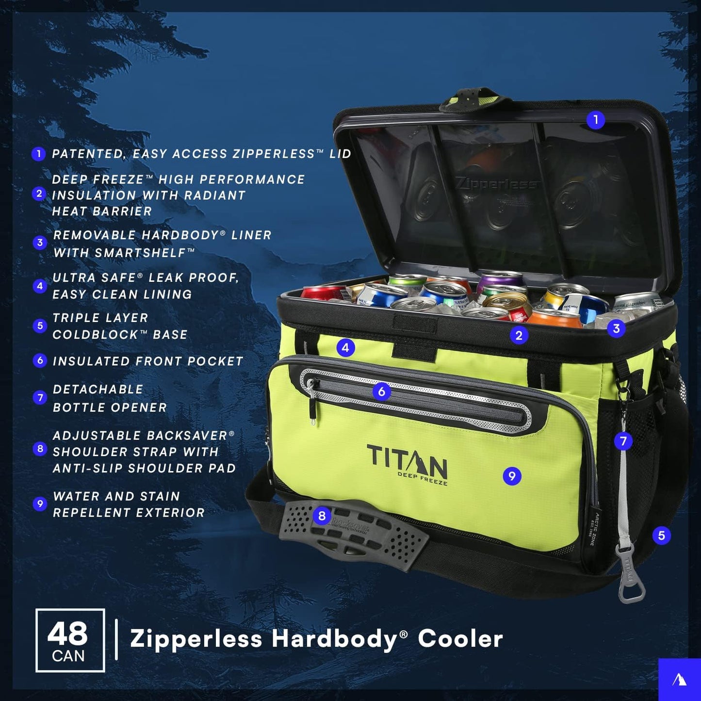 Titan by Arctic Zone Deep Freeze Cooler - 48 Can Zipperless Hardbody Cooler with Deep Freeze Insulation, HardBody Liner, and SmartShelf - Moss Green