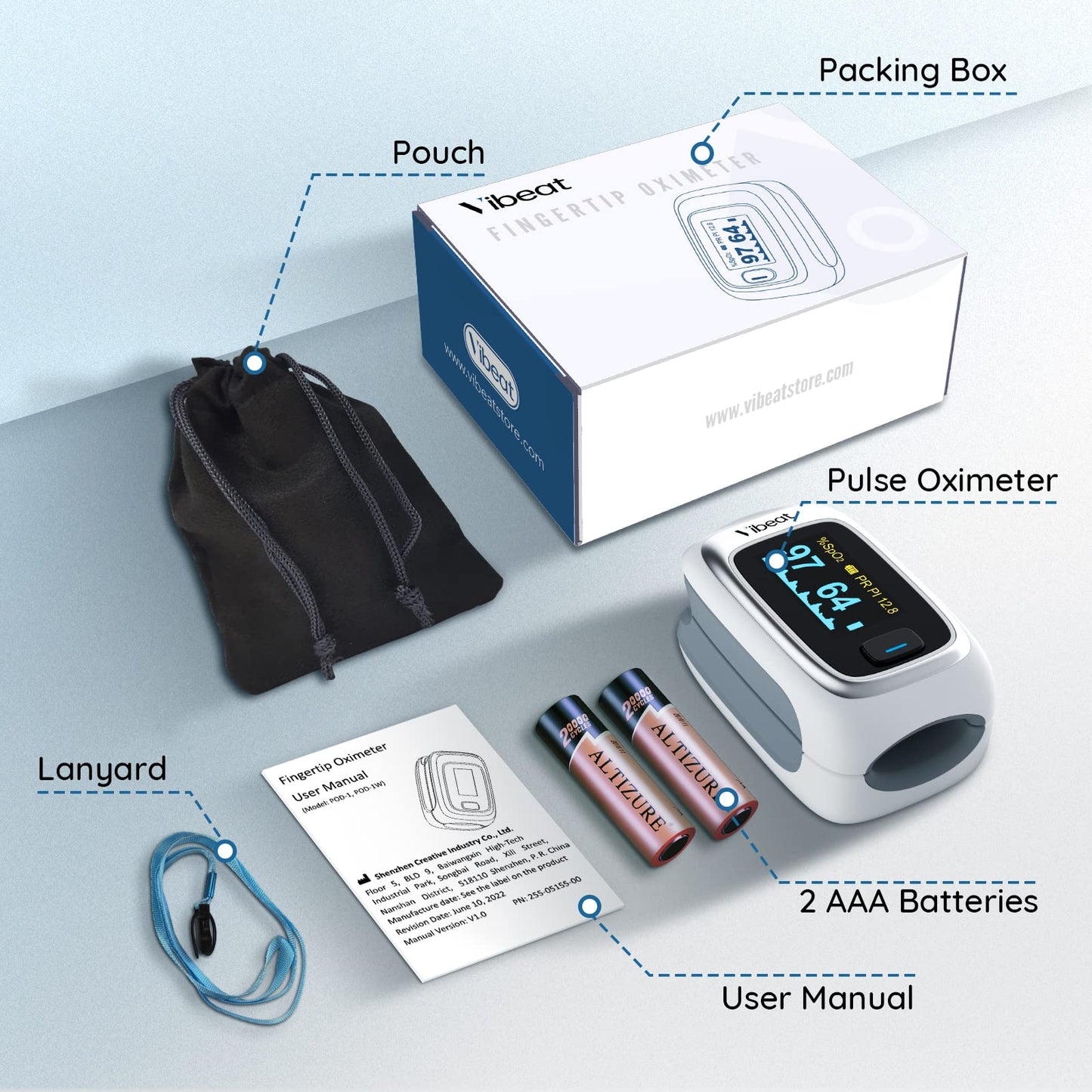 Vibeat Bluetooth Fingertip Pulse Oximeter with Pulse Rate, Blood Oxygen Saturation Monitor | Finger O2 Meter, Batteries and Lanyard Included, Free APP