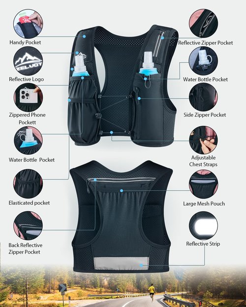 Zelvot Running Vest for Women Men, USA Original Patent, Adjustable Chest Straps Running Hydration Vest with 500ml Soft Flask, Lightweight Reflective Hydration Backpack for Hiking Marathon - M/L