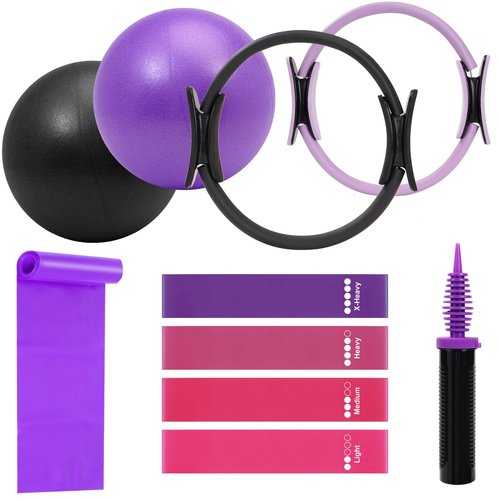 WOCUME Pilates Ring Fitness Circles Set, Dual Padded Handles Home Pilates Equipment Set for Women Includes 2 Pilates Ring, 2 Pilates Mini Ball, and 5 Resistance Bands at Home Pilates Workout Set