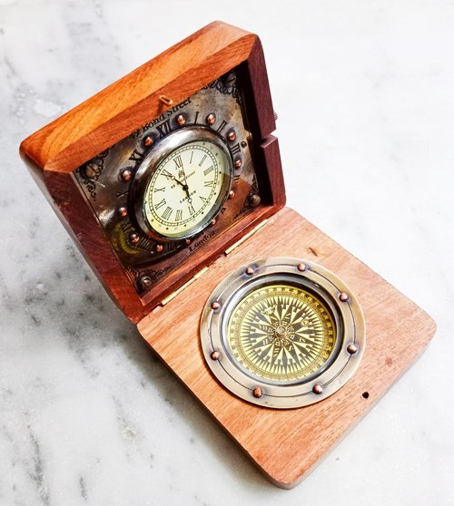 3.5 Inch Handmade Wooden Brass Compass | with Clock Authentic Vintage Maritime & Nautical Compass | Collectible Gift Replica Watch Hiking Travelling Use