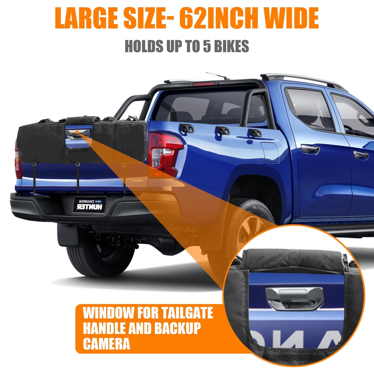 WALMANN 62" Wide Tailgate Pad for Bikes, Holds Up to 5 Bikes Pickup Truck Tailgate Bike Pad with 2 Tool Pockets