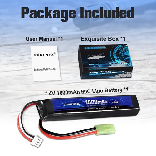 URGENEX Airsoft Battery 7.4V 1600mAh 60C High Discharge Rate Lipo Battery Pack with Mini Tamiya Plug Rechargeable 2S Lipos Fit for Airsoft Model Guns
