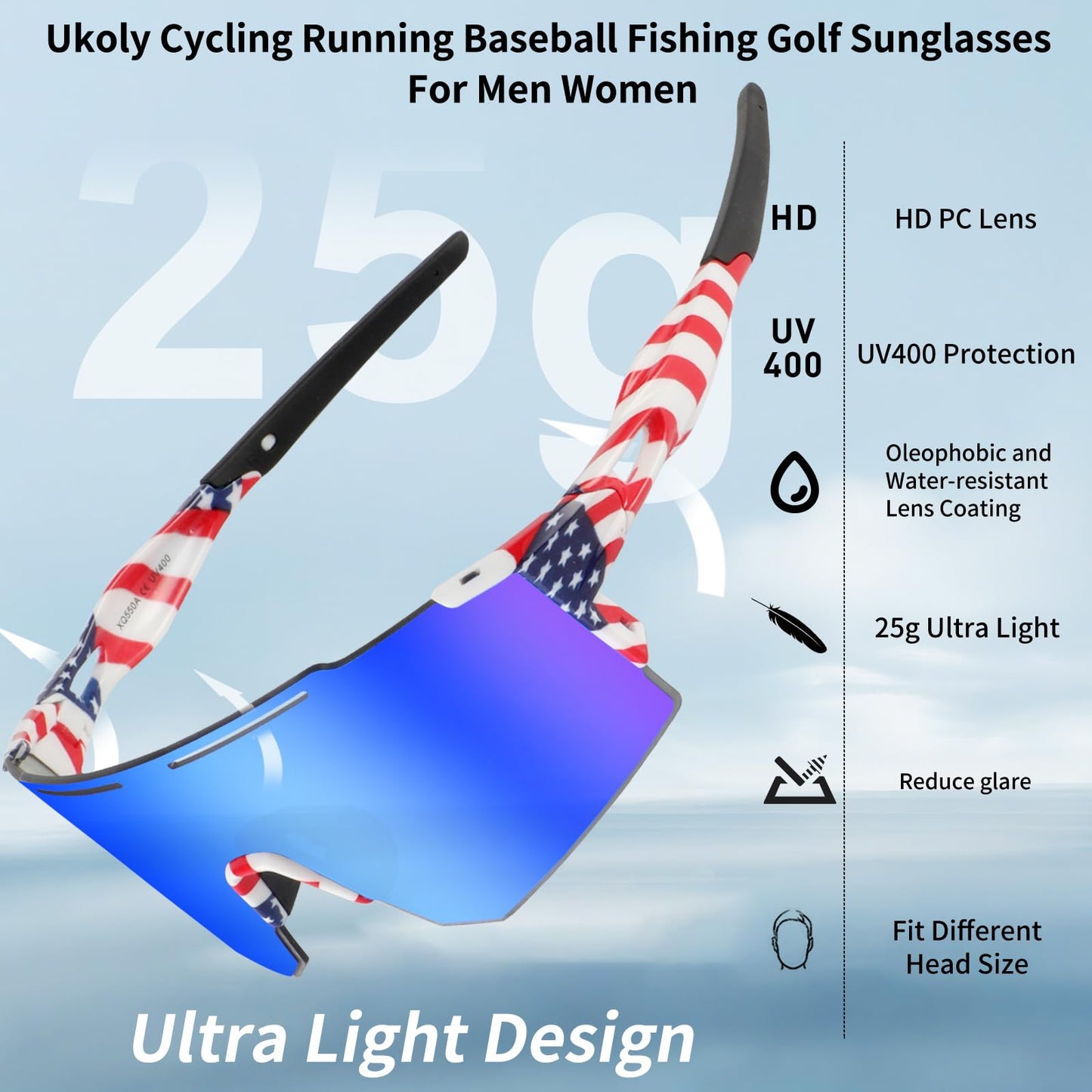 Ukoly Cycling Sunglasses with Interchangeable Nose Pad Youth Men Women, Sports Sunglasses, Fishing Baseball glasses