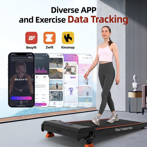 Hartwares Walking Pad Treadmill with 9% Incline, 2.5HP Quiet Treadmills for Home Office Small, Portable Walking Pad with 265lb Capacity, App Compatible &Remote Control