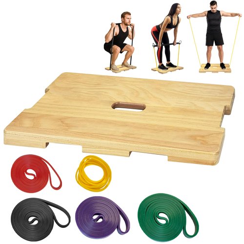 Wood Fitness Board with 5 Resistance Bands, Wooden Exercise Platform for Resistance Band Exercises, Home Workout for Stretching, Strength, Flexibility, Home Gym Tool(Not Include Rods)