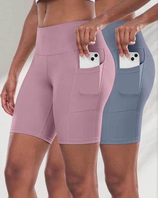 2 Packs Biker Shorts with Pockets for Women, Tummy Control High Waist Spandex Shorts 8" (2BlackDGrayLGray, XL)
