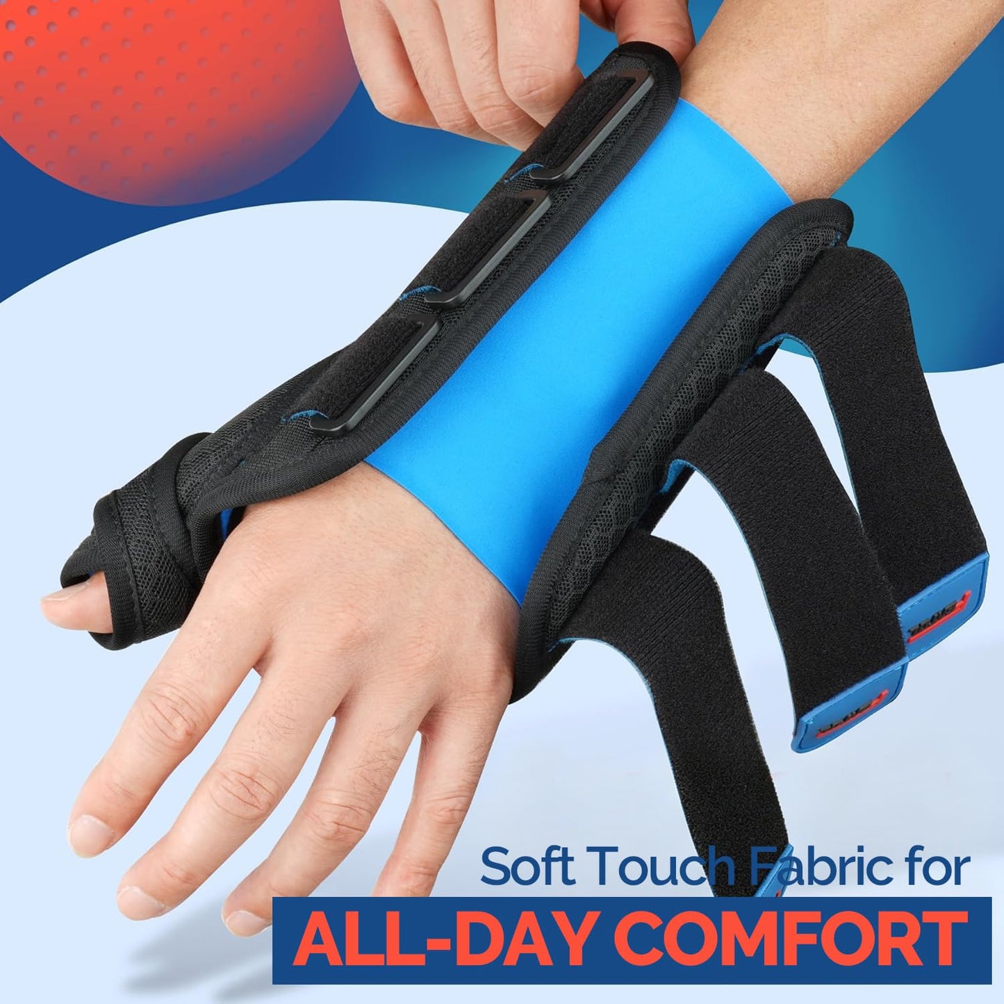 FEATOL Carpal Tunnel Wrist Brace Night Support, Thumb Spica Splint Left Hand for De Quervains Tenosynovitis, Tendonitis, Thumb Brace for Women Men, Black Blue, Medium/Large