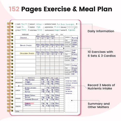 Fitness & Food Journal for Women, Undated 150-day Workout & Wellness Planner with Measuring Tape, Pink Weight Loss Journal for Setting Goals Tracking Exercise Training Diet Progress (9.5’’*7’’)