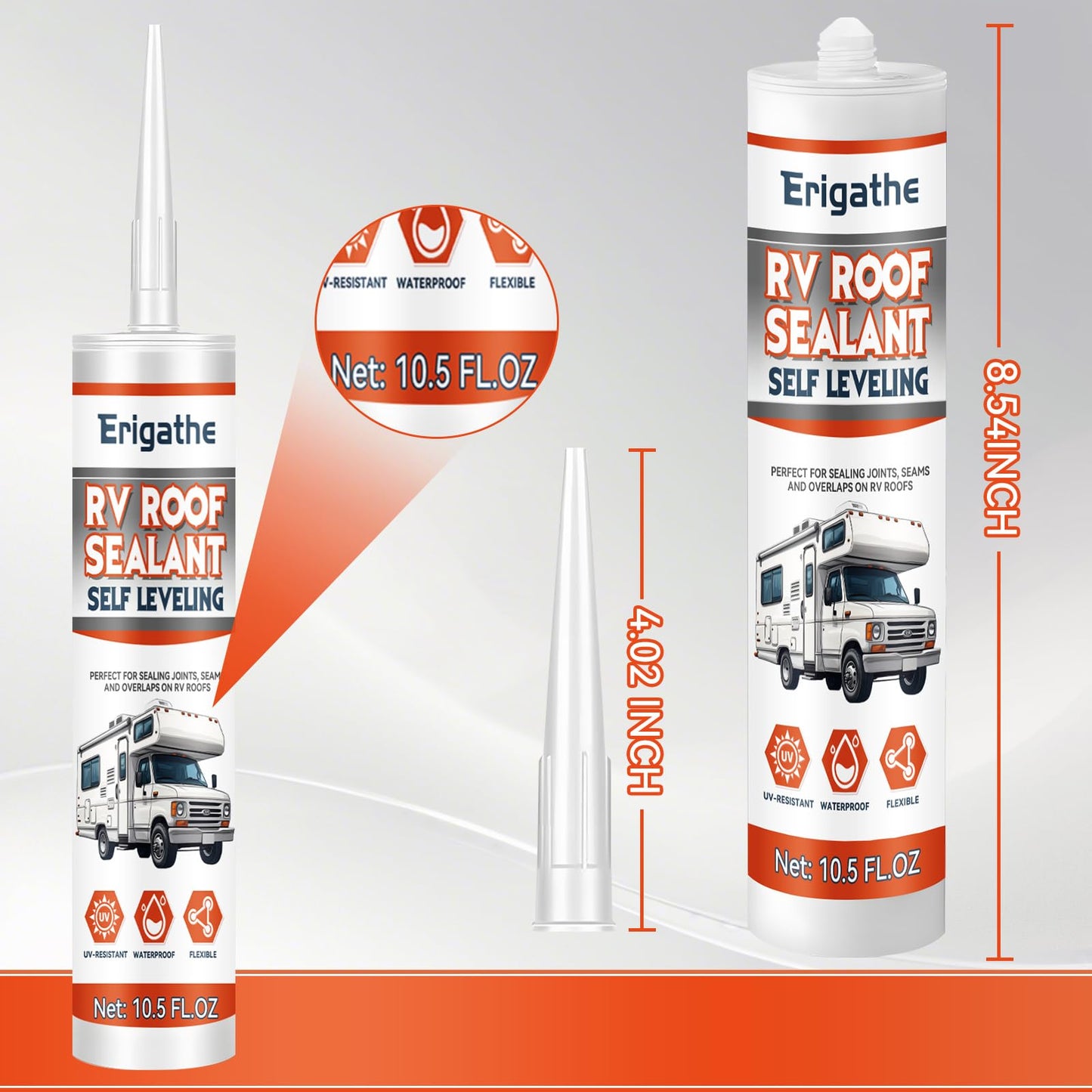 Erigathe Self-Leveling RV Roof Sealant, Lap Caulking for Camper & Trailer, Heavy-Duty Flex, Waterproof, 15 Min Set Time for Repairs (2-10.5 fl oz White)