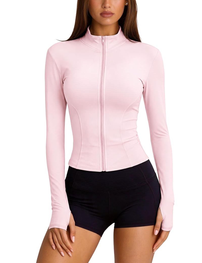 Lviefent Pink Small Women's Lightweight Full Zip Track Jacket with Thumb Holes